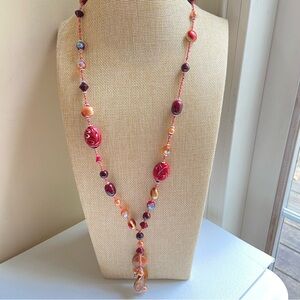 Long sautoir tassel necklace with ceramic and glass beads faux pearl mixed media